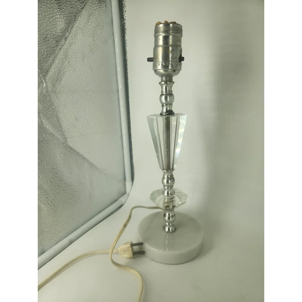 Mid Century Faceted Crystal Boudoir Lamp Night Stand‎ Vintage Marble Base